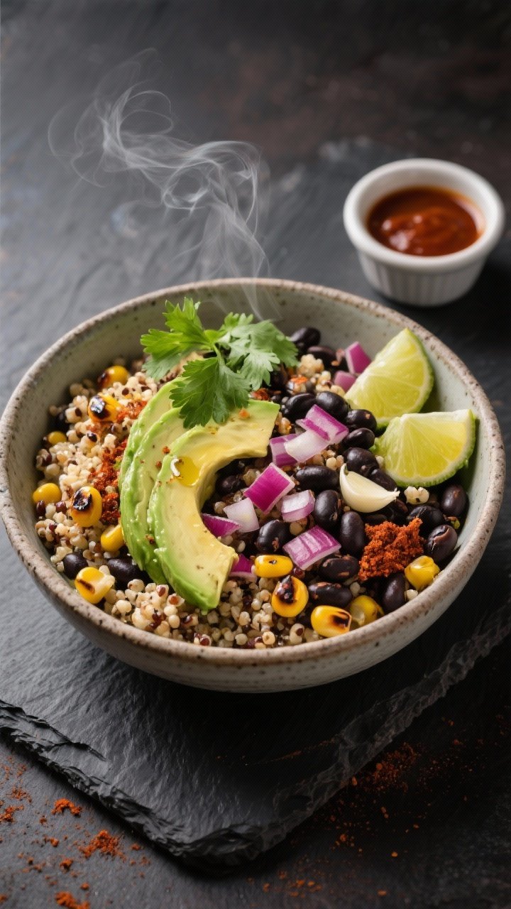 Overhead shot of Smoky Chipotle Black Bean & Quinoa Burrito Bowls: fluffed quinoa cooked in vegetable broth, seasoned black beans, diced red onion, minced garlic, and chipotle-spiced corn arranged in a wide ceramic bowl; topped with avocado slices, cilantro, lime wedges, and a drizzle of olive oil; smoky, warm color palette with charred corn kernels and a sprinkle of paprika; styled on a matte dark slate with a small ramekin of chipotle sauce on the side, no people, professional lighting highlighting steam.
