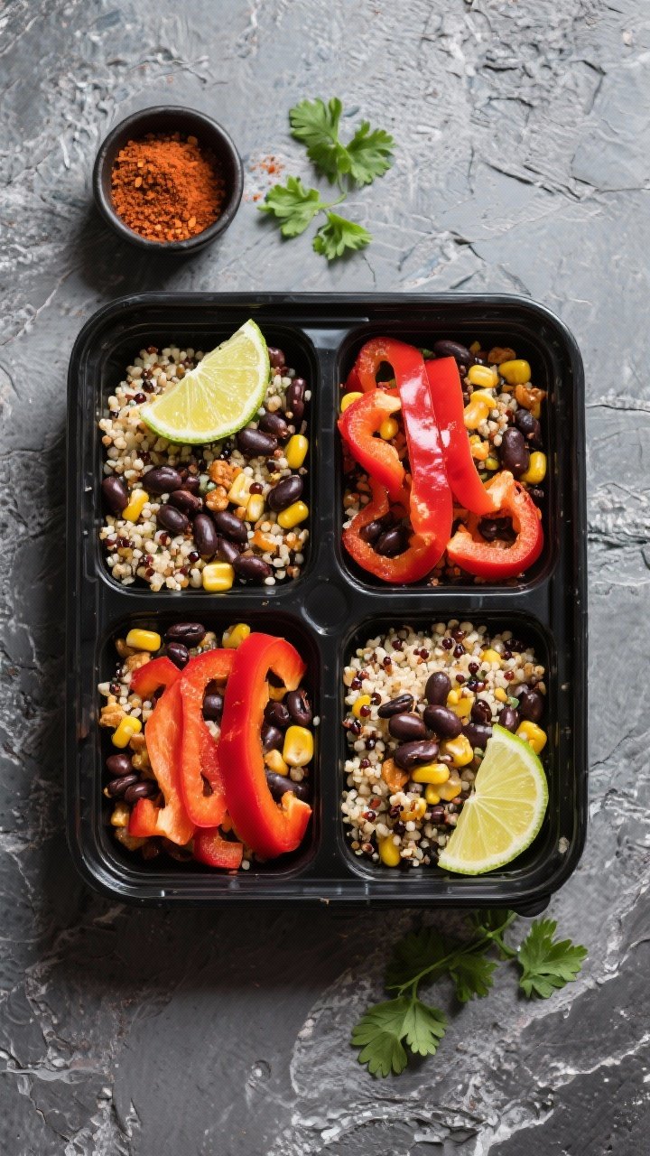 Overhead shot of Smoky Chipotle Black Bean & Quinoa Burrito Bowls: fluffy quinoa cooked in vegetable broth, black beans, roasted corn kernels, and sliced red bell peppers arranged in neat quadrants in matte black meal-prep containers, garnished with lime wedges and a light dusting of smoky chipotle, on a textured slate surface with a small bowl of chipotle seasoning and scattered cilantro; bright, high-contrast lighting to emphasize vibrant reds, yellows, and inky blacks.