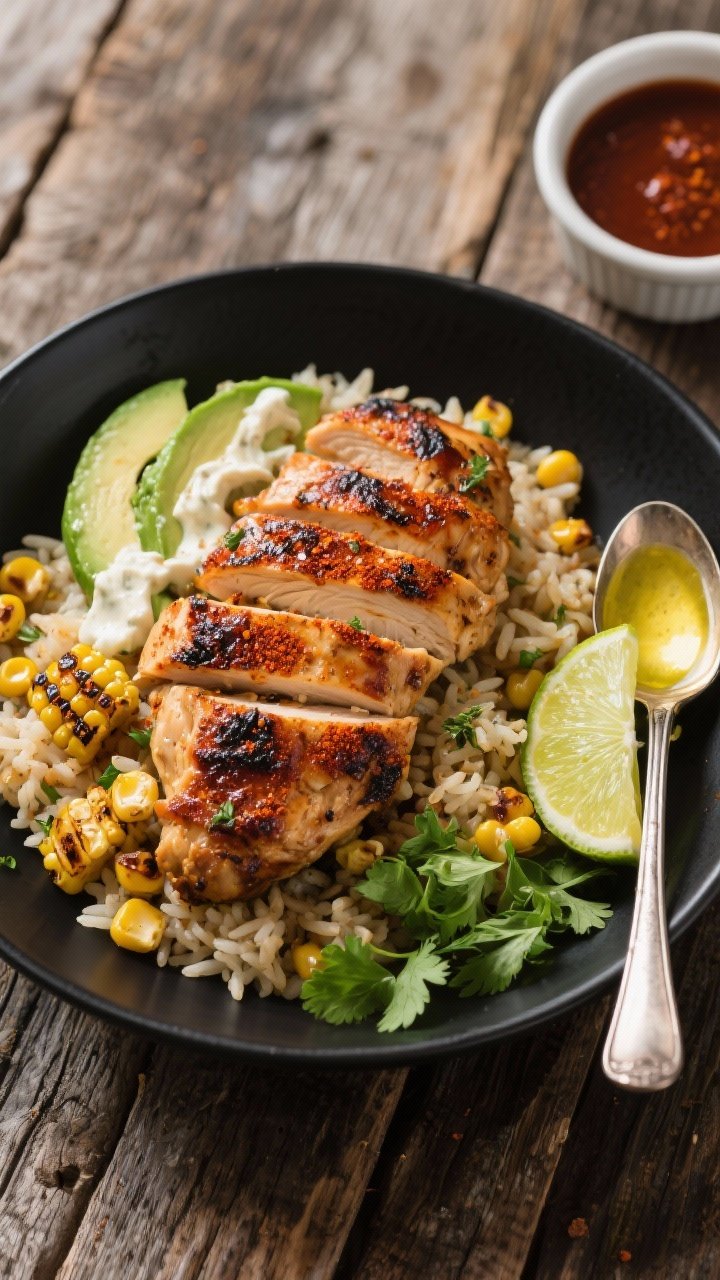 Overhead shot of smoky chipotle chicken bowls: charred boneless skinless chicken thighs seasoned with smoked paprika, cumin, chili powder, garlic powder, dried oregano, and chipotle, sliced over a bed of warm rice with grilled corn kernels, creamy avocado slices, and a drizzle of lime crema; lime wedges and a sprinkle of cilantro on the side; styled in a matte black bowl on a rustic wooden table with a small ramekin of chipotle sauce and a spoon glistening with olive oil.