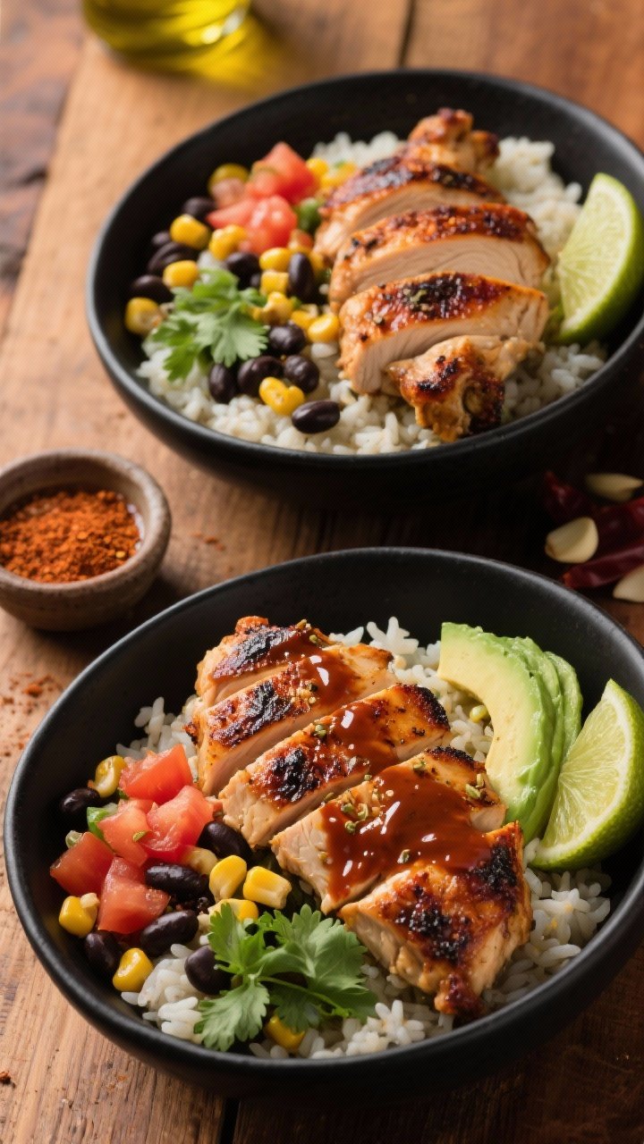 Overhead shot of smoky chipotle chicken burrito bowls: sliced seared chicken thighs with a deep char from cumin, smoked paprika, chili powder, garlic and onion powder, and kosher salt, arranged over cilantro-lime rice with black beans, roasted corn, and diced tomatoes; avocado slices and lime wedges on the side, a drizzle of chipotle sauce glistening; styled in matte black bowls on a warm wooden surface with small ramekins of the spice blend and olive oil, vibrant, bold, Southwest mood.