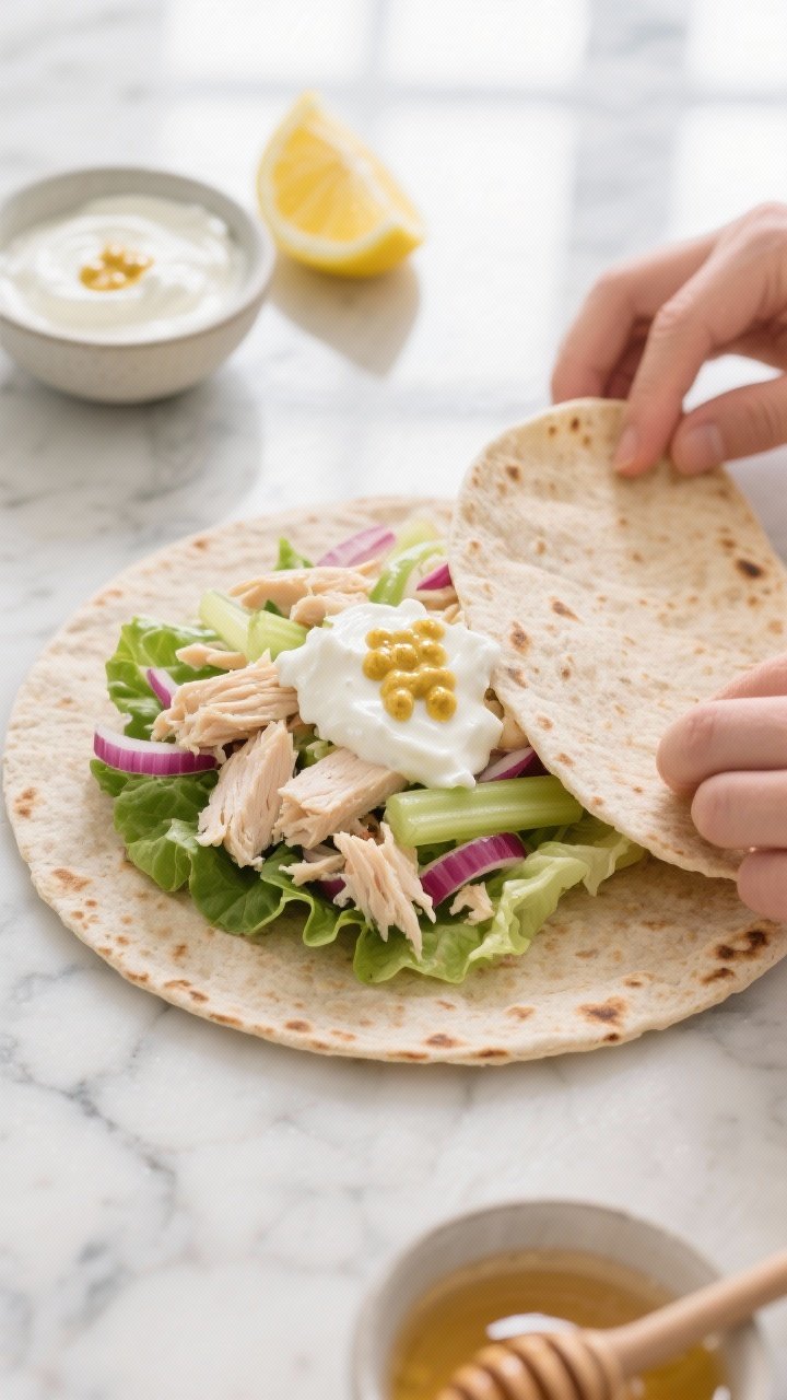 Overhead shot of Spicy Greek Yogurt Chicken Salad Wraps being assembled: a whole-wheat tortilla on a marble surface topped with shredded cooked chicken breast, a creamy mixture of plain Greek yogurt, Dijon mustard, fresh lemon juice, and a touch of honey, with thinly sliced celery and red onion for crunch, romaine leaves to prevent sogginess tucked underneath the filling; small bowls of the yogurt dressing, lemon wedges, and a drizzle of honey nearby; bright, clean lunchtime mood, soft natural window light, crisp textures visible.