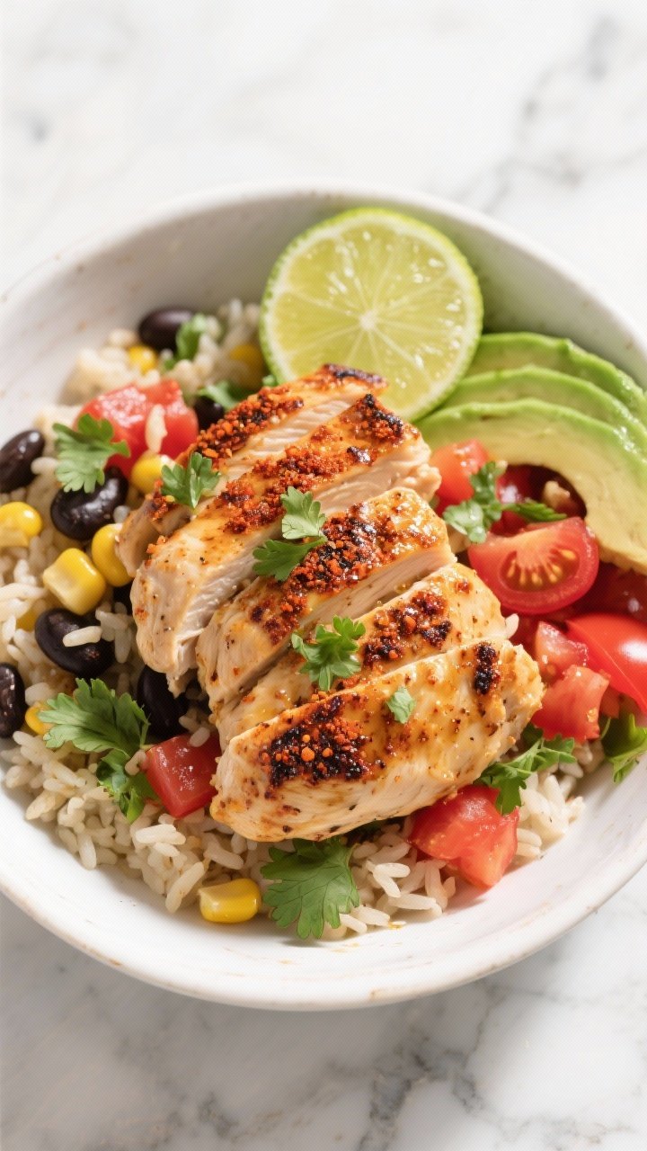 Overhead shot of spicy lime chicken burrito bowls: bite-size seared chicken breast seasoned with chili powder, ground cumin, smoked paprika, garlic and onion powder, glistening from olive oil; served over cilantro-lime rice with black beans, corn, diced tomato, avocado slices, lime wedges, and a sprinkle of chopped cilantro. Bright, zesty Mexican-inspired styling on a white ceramic bowl, marble surface, vibrant reds, greens, and char marks visible, natural daylight, no people.
