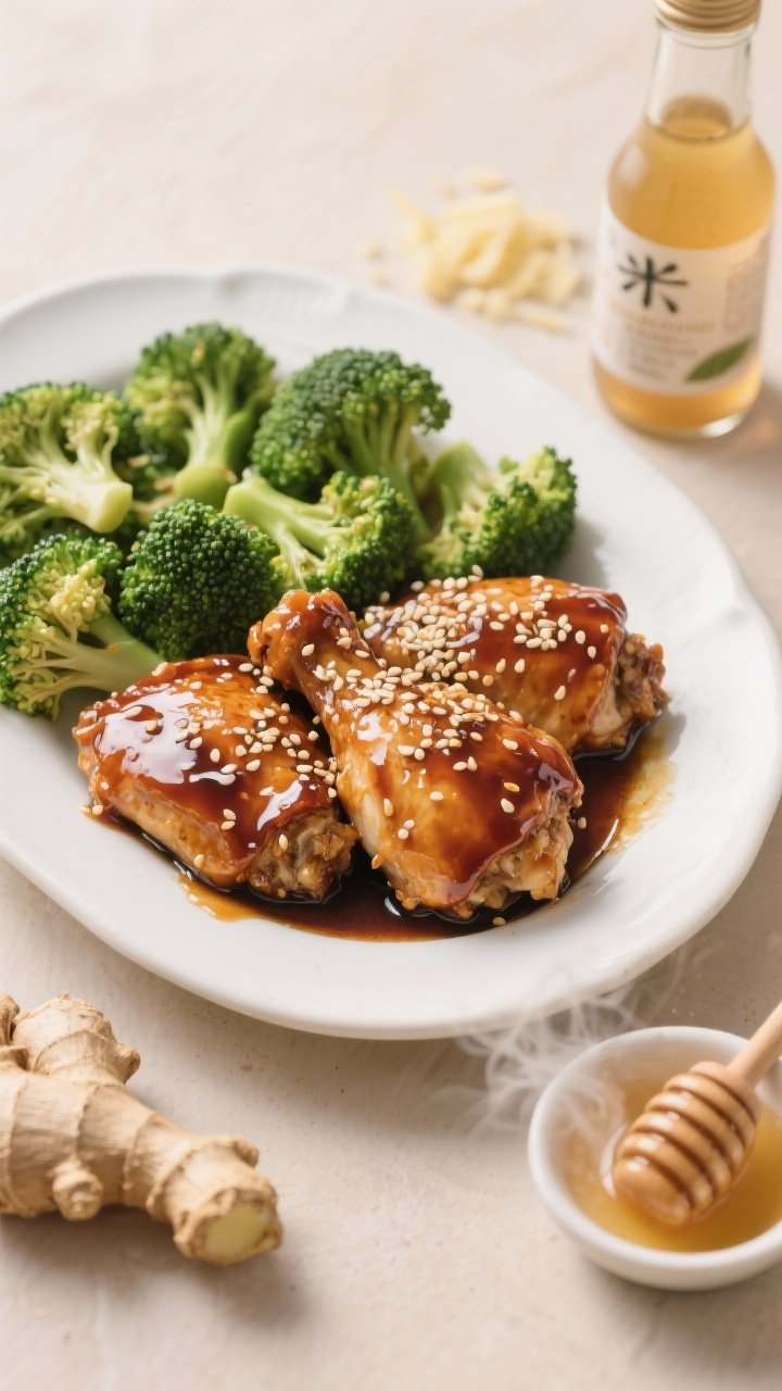 Overhead shot of sticky ginger-garlic chicken thighs glazed with a glossy soy-honey reduction, sprinkled with toasted sesame seeds, alongside vibrant sesame-tossed broccoli florets on a white ceramic platter; visible grated fresh ginger, rice vinegar bottle, and a small dish of honey in the frame; steam rising, lacquered texture on chicken, warm neutral backdrop, professional studio lighting, no people.