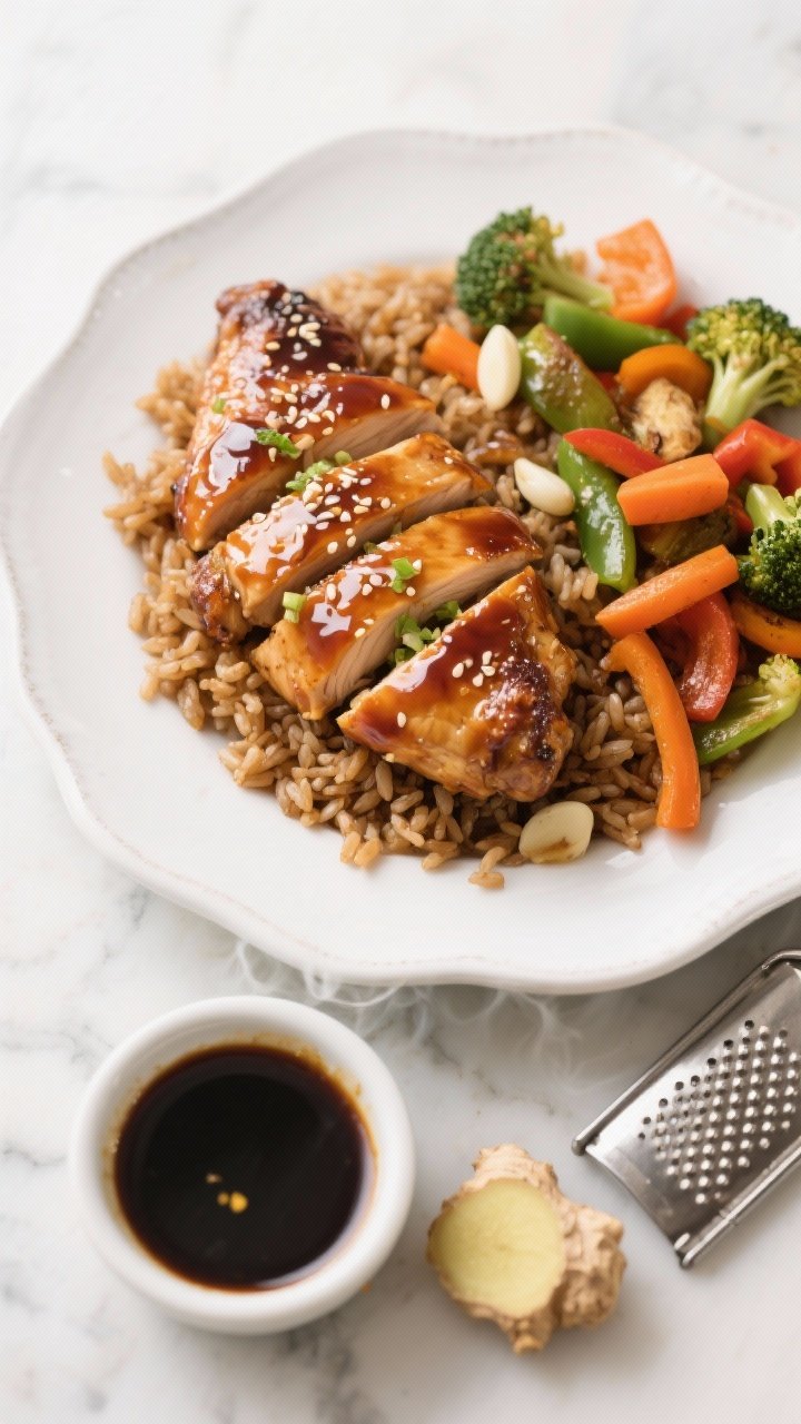 Overhead shot of sticky ginger-garlic chicken thighs glazed and caramelized, sliced over fluffy brown rice with a side of roasted mixed vegetables (carrots, broccoli, bell peppers) on a white ceramic plate; visible glossy soy-honey glaze with sesame oil sheen, flecks of fresh grated ginger and minced garlic on the chicken; small bowl of the marinade (low-sodium soy sauce, honey, rice vinegar) and a microplane with ginger nub nearby; clean marble surface, warm, appetizing lighting, steam subtly rising.