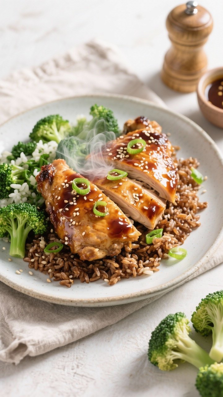 Overhead shot of sticky ginger-garlic chicken thighs glazed in a glossy low-sodium soy-ginger sauce, sliced and piled beside vibrant green broccoli “rice” over fluffy brown rice, sesame seeds and thin scallion rings sprinkled on top; steam rising, lacquered texture on the chicken, set on a light ceramic plate over a neutral linen with a small dish of sauce, salt and pepper grinders, and raw broccoli florets in the corner for context, bright and clean lighting.