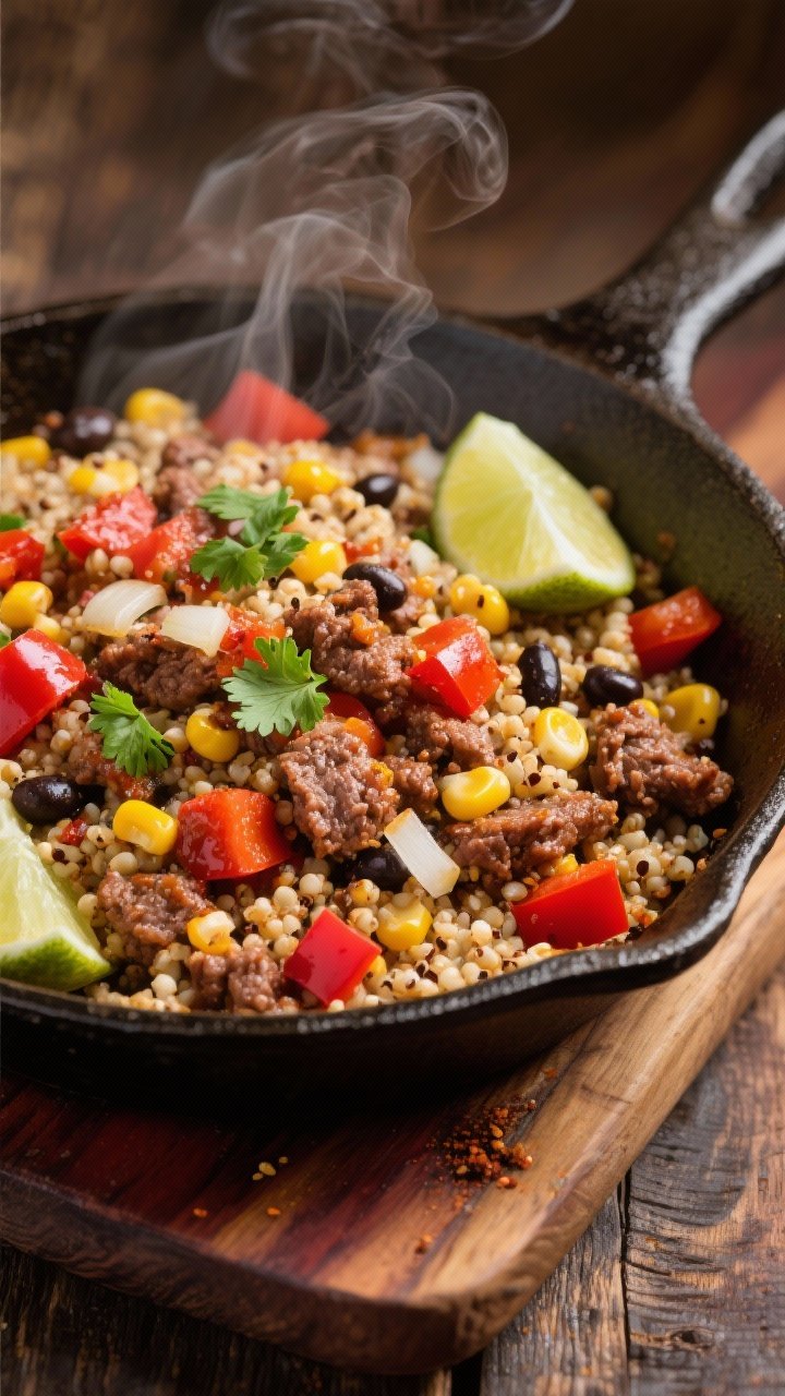 Overhead skillet action shot of beefy quinoa taco mixture: lean ground beef browned with diced yellow onion, red bell pepper, and minced garlic; rinsed quinoa simmered with a can of tomatoes and taco spices until fluffy; kernels of corn and black beans visible if included in the can mix; garnished with chopped cilantro and lime wedges; steam rising from a cast-iron skillet on a rustic wooden board, vibrant reds and golds, hearty texture emphasized.
