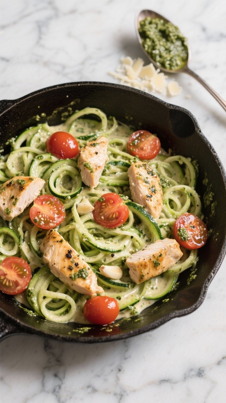 Overhead skillet shot of creamy pesto chicken zoodles: bite-size chicken pieces sautéed with olive oil, kosher salt, black pepper, and garlic powder, folded into vibrant zucchini noodles coated in creamy pesto; burst cherry tomatoes halved and glistening; twirls of zoodles arranged artfully, minimal moisture to avoid sogginess; set on a marble surface with a spoonful of pesto and shaved Parmesan nearby.