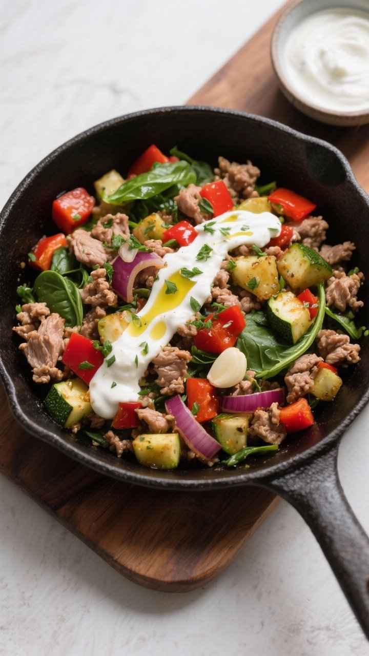 Overhead skillet shot of herbed turkey and veggie hash with garlicky yogurt drizzle: lean ground turkey browned with diced red bell pepper, zucchini, red onion, and chopped baby spinach, speckled with herbs. A generous zigzag of garlicky yogurt over the sizzling mix, olive oil glistening. Served in a dark cast-iron skillet on a wooden board; vibrant colors pop against the dark pan, with a small bowl of extra yogurt sauce nearby.