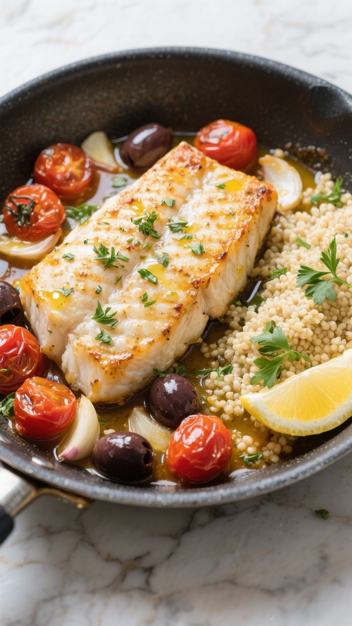 Overhead skillet-to-plate scene of Baked Cod with Burst Tomato-Olive Pan Sauce and Herby Couscous: flaky cod fillets baked until opaque, nestled among blistered cherry tomatoes, thinly sliced garlic, and halved kalamata olives in an olive oil-rich pan sauce; served alongside fluffy herbed couscous with parsley and lemon; a final drizzle of olive oil and lemon wedges; bright coastal Mediterranean mood on a light stone surface.
