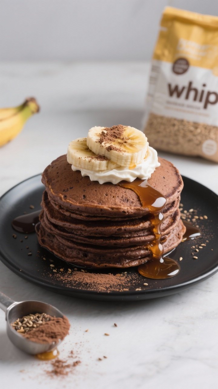 Overhead stack of chocolate banana protein pancakes on a matte black plate: deep cocoa hue from cocoa powder and chocolate plant protein, flecks of ground flaxseed, tender crumb; silky tofu “whip” dolloped generously on top, glossy banana slices and a light cocoa dusting; drizzle trails of maple syrup catching the light; whole-wheat pastry flour bag corner and protein scoop in the background, minimal styling for a decadent brunch mood.