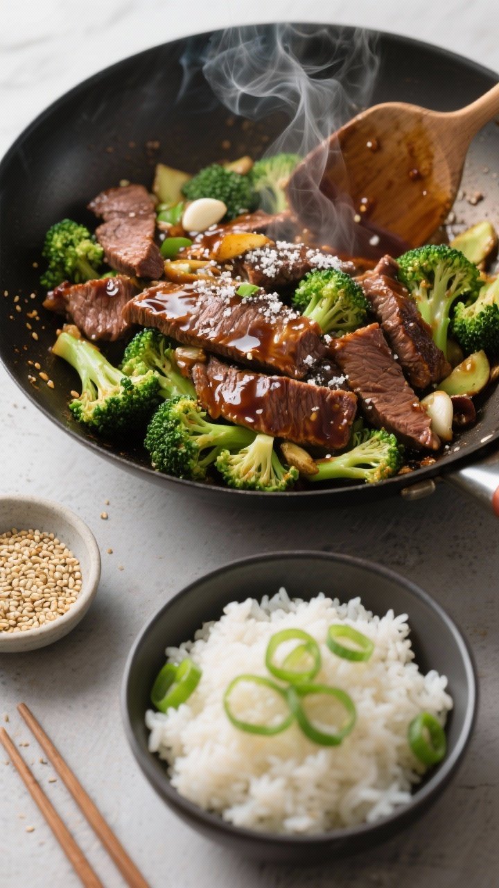 Overhead stir-fry action for Teriyaki Beef & Broccoli Protein Bowl: thinly sliced flank steak lightly dusted with cornstarch searing in avocado oil with minced garlic and grated fresh ginger, glossy teriyaki glaze coating bright green broccoli florets; served alongside ginger-scallion rice with visible scallion rings; steam rising from the wok; rich mahogany glaze, vibrant greens, and pearly rice; dynamic composition with chopsticks and a small bowl of sesame seeds.