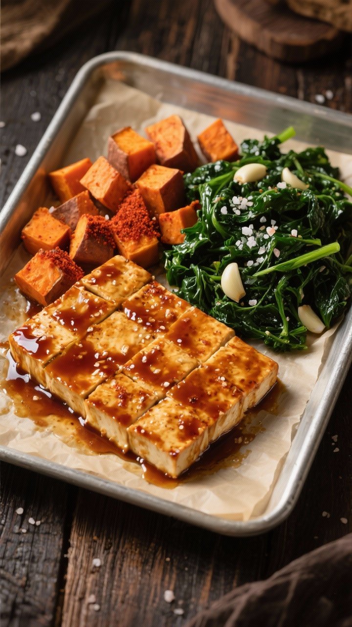 Overhead tray of Maple-Miso Baked Tofu With Garlicky Greens & Sweet Potatoes: slab-cut tofu glazed with glossy maple-miso, caramelized edges, nestled beside paprika-dusted cubed sweet potatoes and a pile of sautéed garlicky kale; coarse sea salt flakes visible, parchment-lined sheet pan on a dark wood table; warm directional light to enhance amber glaze and vibrant greens.
