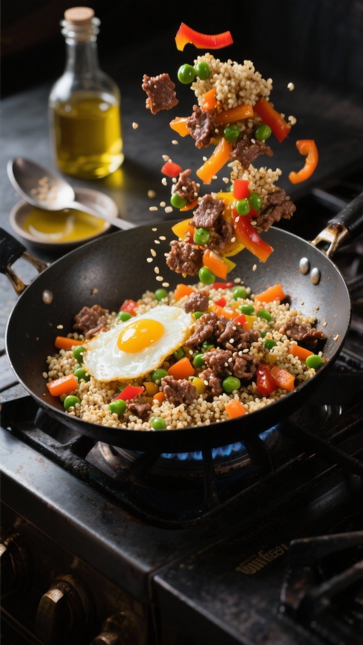 Overhead wok action shot: beef and egg fried “quinoa” mid-toss in a carbon steel skillet—fluffy chilled quinoa, lean ground beef crumbles, ribbons of soft-set scrambled egg, glossy from sesame oil, dotted with peas-and-carrots mix and bright diced bell pepper; a small pool of neutral oil catching light, sesame oil bottle and a spoon rest nearby; vibrant “confetti” colors popping against a dark stovetop.