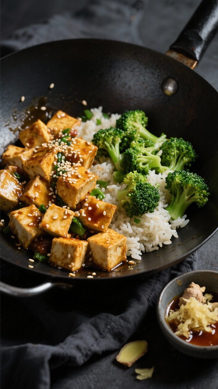 Overhead wok-in-action shot of ginger-sesame tofu with broccoli rice: golden-crisp cubes of extra-firm tofu tossed in a glossy soy-tamari and fresh ginger sauce, sprinkled with sesame seeds; vibrant green broccoli “rice” sautéed until tender-crisp on one side of the pan. A small bowl of grated fresh ginger and a drizzle of sauce nearby. Dark carbon-steel wok on a charcoal linen, moody side light highlighting texture and sheen.