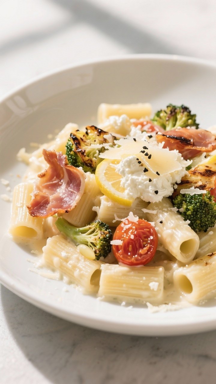 Plated presentation of Creamy Cottage Cheese Pasta with Roasted Veg and Crispy Prosciutto at a 45-degree angle: short pasta (rigatoni) coated in a silky cottage cheese and grated Parmesan sauce with a hint of garlic and lemon; ribbons of roasted vegetables (charred broccoli florets, roasted cherry tomatoes) folded in; shards of crispy prosciutto on top, extra Parmesan grated over, black pepper flecks; served in a wide shallow white bowl, soft window light, creamy textures emphasized.