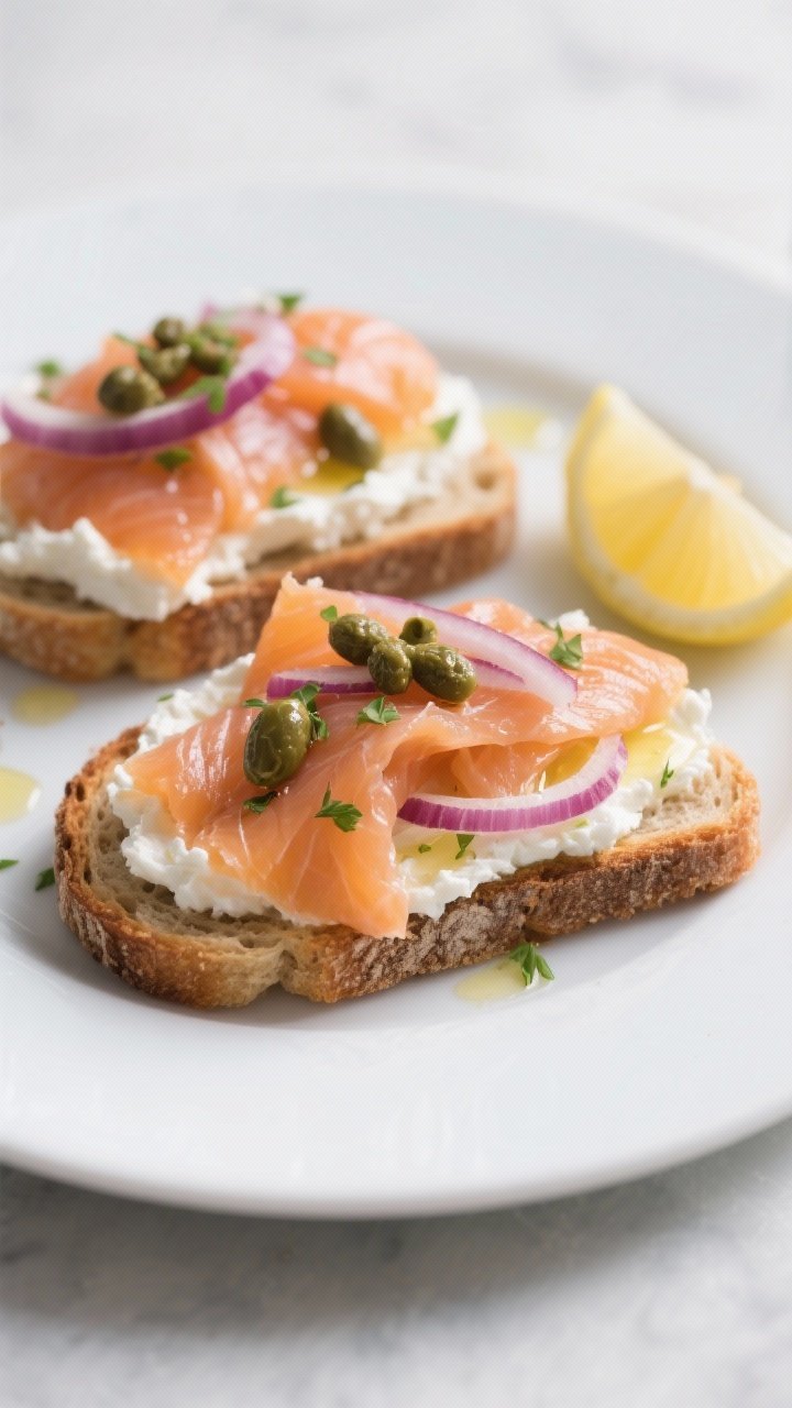 Plated presentation of smoked salmon cottage cheese toast: two slices of high-protein bread toasted, topped with whipped cottage cheese, silky ribbons of smoked salmon, capers, thinly sliced red onion, a whisper of olive oil and lemon juice, finished with chopped fresh herbs for herby crunch; served on a matte white plate with a lemon wedge; soft daylight, cool-toned backdrop to make salmon’s coral color pop.