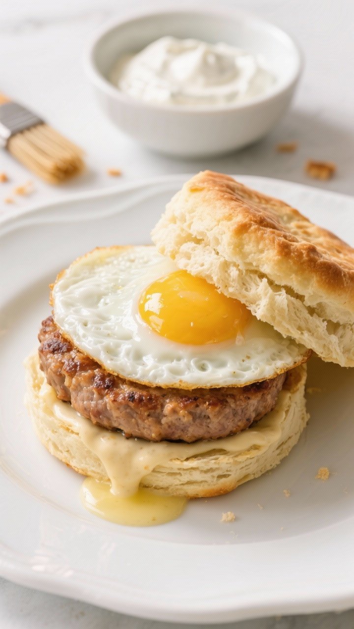 Plated stack shot at 45 degrees: buttermilk biscuit sandwich with a browned chicken sausage patty, a freshly cooked over-easy egg, and a tangy Greek yogurt–Dijon–garlic sauce dolloped under the lid. The biscuit is warm and flaky with visible layers, a brush of butter gloss on top. A small bowl of the yogurt sauce sits behind, with a pastry brush and crumbs on the plate. Bright, clean light conveys a hearty Southern comfort mood.