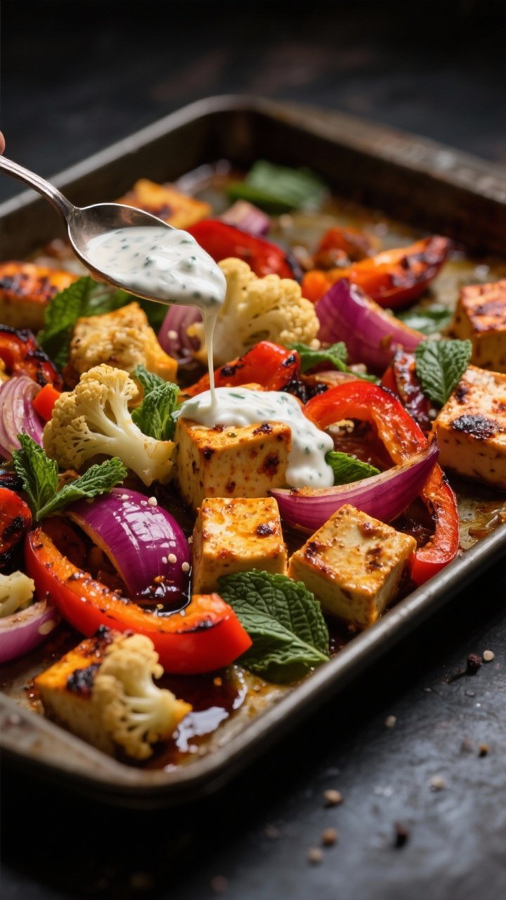 Sheet pan 45-degree angle of Tandoori Tofu & Veg with Yogurt Mint Drizzle: extra-firm tofu cubes and cauliflower florets, red onion wedges, and bell pepper slices roasted to charred edges, lightly oiled and seasoned with salt and pepper; a spoon drizzling cool yogurt-mint sauce over the top, vibrant turmeric-red and green hues, moody contrasting backdrop with directional light for texture.