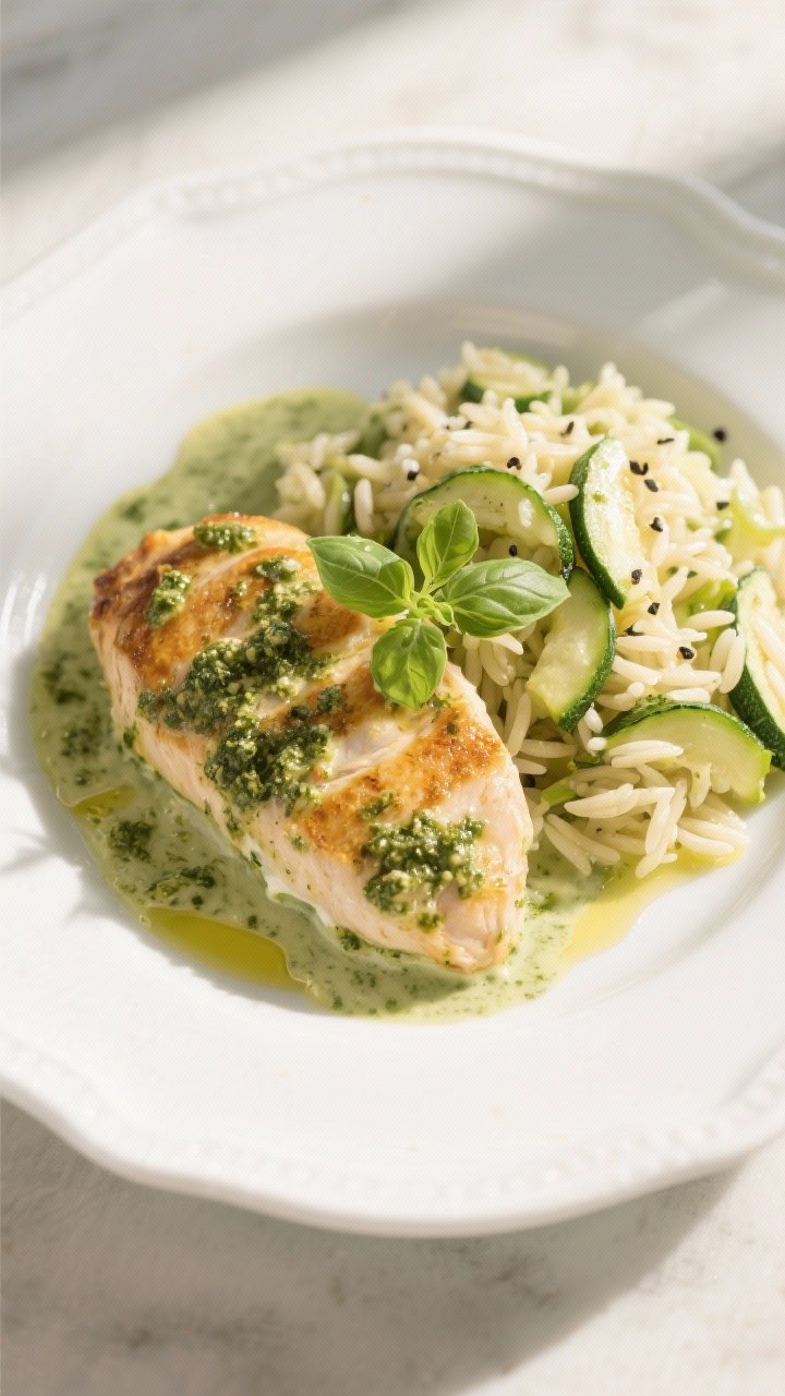 Soft 45-degree plated presentation of Creamy Pesto Chicken with Zucchini Orzo: thin, golden-seared chicken breasts coated in a silky basil pesto–Greek yogurt–lemon sauce, nestled next to orzo tossed with sautéed zucchini; visible flecks of black pepper and kosher salt; micro-basil garnish; light, creamy green palette on a white ceramic plate with a drizzle of olive oil catching the light; bright, fresh Italian vibe.