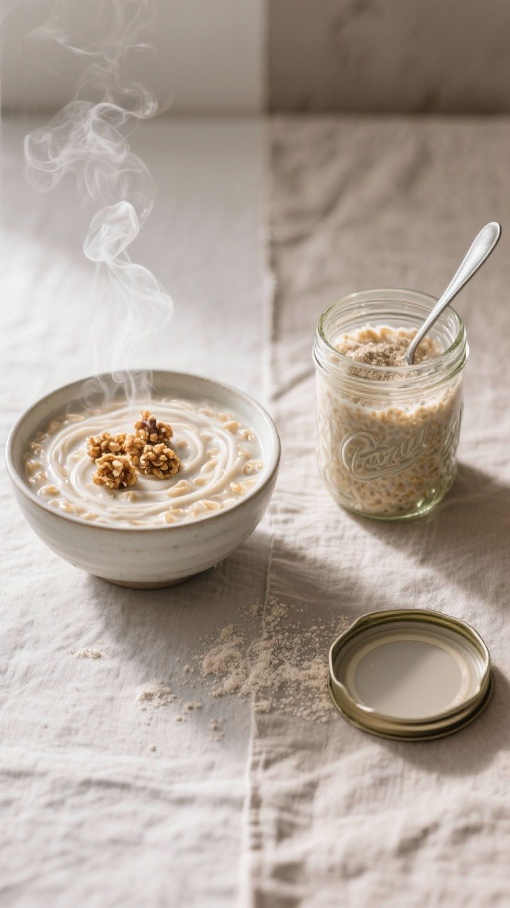 Split-scene overhead of Protein Oats two ways: left side features a steaming bowl of creamy hot oats with swirls indicating protein powder blended in, topped simply with a few high-protein granola clusters; right side shows a mason jar of overnight cold oats, thick and glossy from protein powder, with a lid off and a spoon revealing the chilled texture; neutral linen, soft morning light, clean modern vibe.