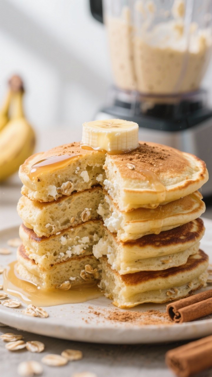 Straight-on action close-up of protein blender pancakes stacked tall, golden and dotted with oat texture; cut edge shows tender crumb from eggs and cottage cheese/Greek yogurt and banana; a light drizzle of maple, sprinkle of cinnamon, and a pat of melting butter; background includes a blender jar with residue hinting at the batter; bright morning light.