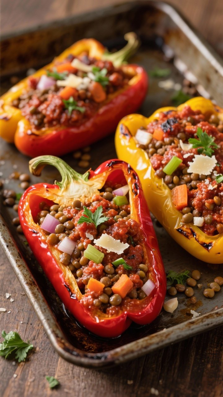 Straight-on baking dish of lentil-Bolognese stuffed peppers: red and yellow bell peppers filled with a hearty lentil tomato sauce studded with finely diced onion, carrot, celery, and garlic; tops slightly charred, a light sprinkle of parsley and optional Parmesan; one pepper sliced open to show the saucy, savory lentil filling; warm, inviting light on a rustic tray.