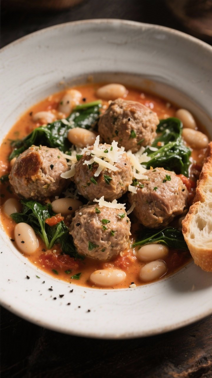 Straight-on bowl of creamy Tuscan white bean and turkey meatballs: tender turkey meatballs (breadcrumbs, egg, Parmesan, Italian seasoning, garlic powder, salt, pepper) nestled in a silky cream-tomato sauce with cannellini beans and wilted spinach; sauce clinging to the meatballs, flecks of Italian herbs visible; finished with grated Parmesan and cracked black pepper; warm, moody lighting with crusty bread on the side.