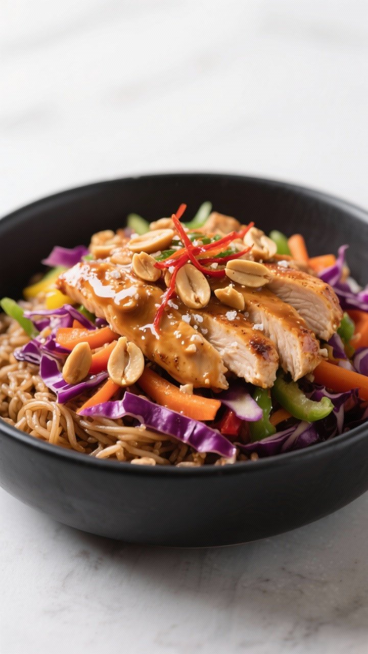 Straight-on bowl shot of Spicy Peanut Chicken with Rainbow Slaw: juicy seared chicken breast strips tossed in a glossy spicy peanut sauce, mounded alongside crunchy rainbow slaw (purple cabbage, carrots, peppers) with optional base of brown rice or rice noodles peeking out; light sheen from neutral oil, a pinch of kosher salt; chopped peanuts and chili threads on top; bold, high-contrast colors in a matte black bowl.