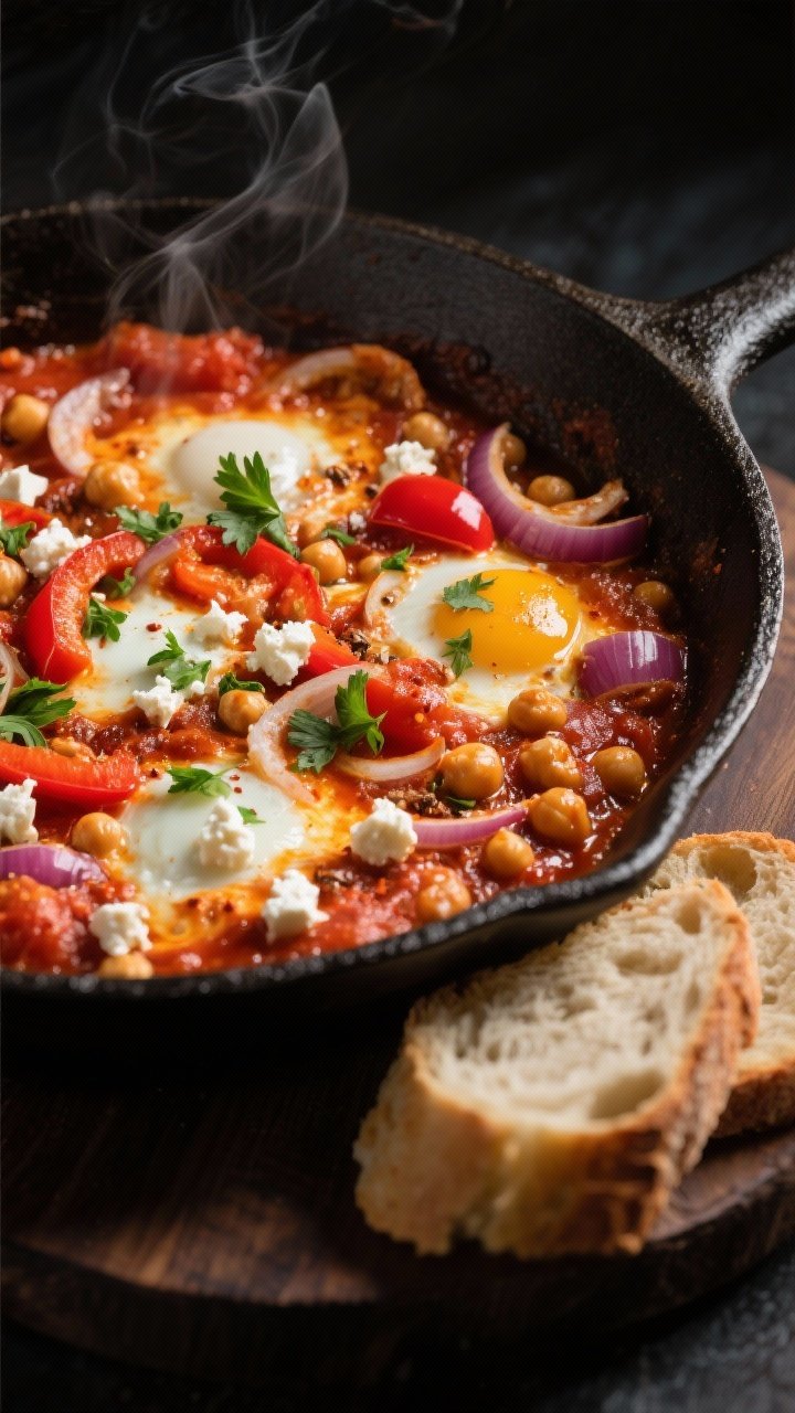 Straight-on, bubbling skillet shot of Harissa Chickpea Shakshuka with Feta: a cast-iron pan filled with a saucy mix of sliced onion, red bell pepper, garlic, chickpeas, harissa, cumin, and smoked paprika; crumbles of feta melting into the spicy tomato base; fresh parsley scattered; steam visible; crusty bread slices on the side for dipping; dramatic side lighting to emphasize the glossy sauce.