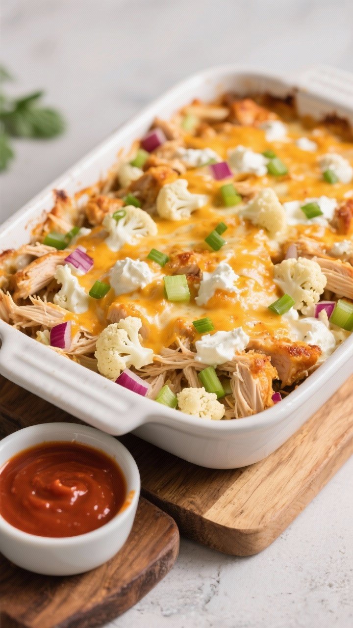 Straight-on casserole dish of buffalo ranch chicken bake: shredded chicken folded with Greek yogurt and softened reduced-fat cream cheese into a creamy buffalo ranch mixture, studded with small cauliflower florets, diced celery, and red onion; melted cheese lightly browned on top, a little celery crunch visible; ranch drizzle and scallions sprinkled; placed on a wooden board with a small bowl of buffalo sauce nearby, ultra-comforting yet low-carb.