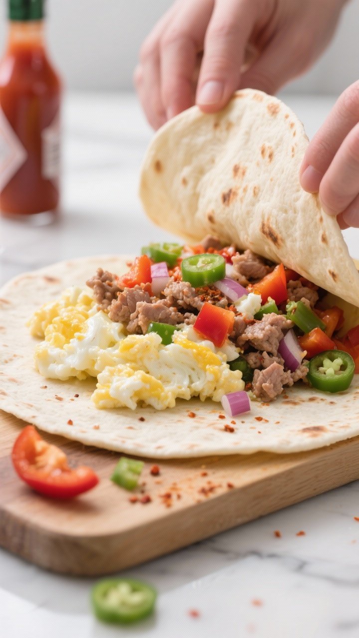 Straight-on close-up of a spicy turkey egg white scramble wrap being assembled on a warm tortilla: fluffy egg whites folded with lean ground turkey, diced bell peppers, onion, and minced jalapeño; a sprinkle of chili seasoning visible; filling piled generously with a few stray peppers on the board; squeeze bottle of hot sauce in background blur; clean, bright, modern kitchen surface, appetizing glisten, no hands.