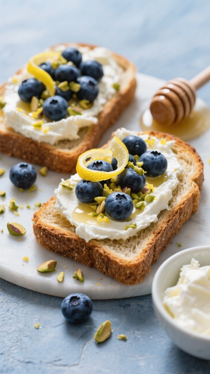 Straight-on close-up of blueberry lemon ricotta toast: two slices of toasted whole-grain/high-protein bread thickly spread with part-skim ricotta mixed with lemon zest, crowned with a tumble of plump blueberries, drizzled with honey, and sprinkled with crushed pistachios for crunch. Lemon zest curls and a honey dipper in the scene; a small bowl of ricotta to the side. Fresh, summery palette of blues, yellows, and greens; crisp focus on textures, professional styling, no people.