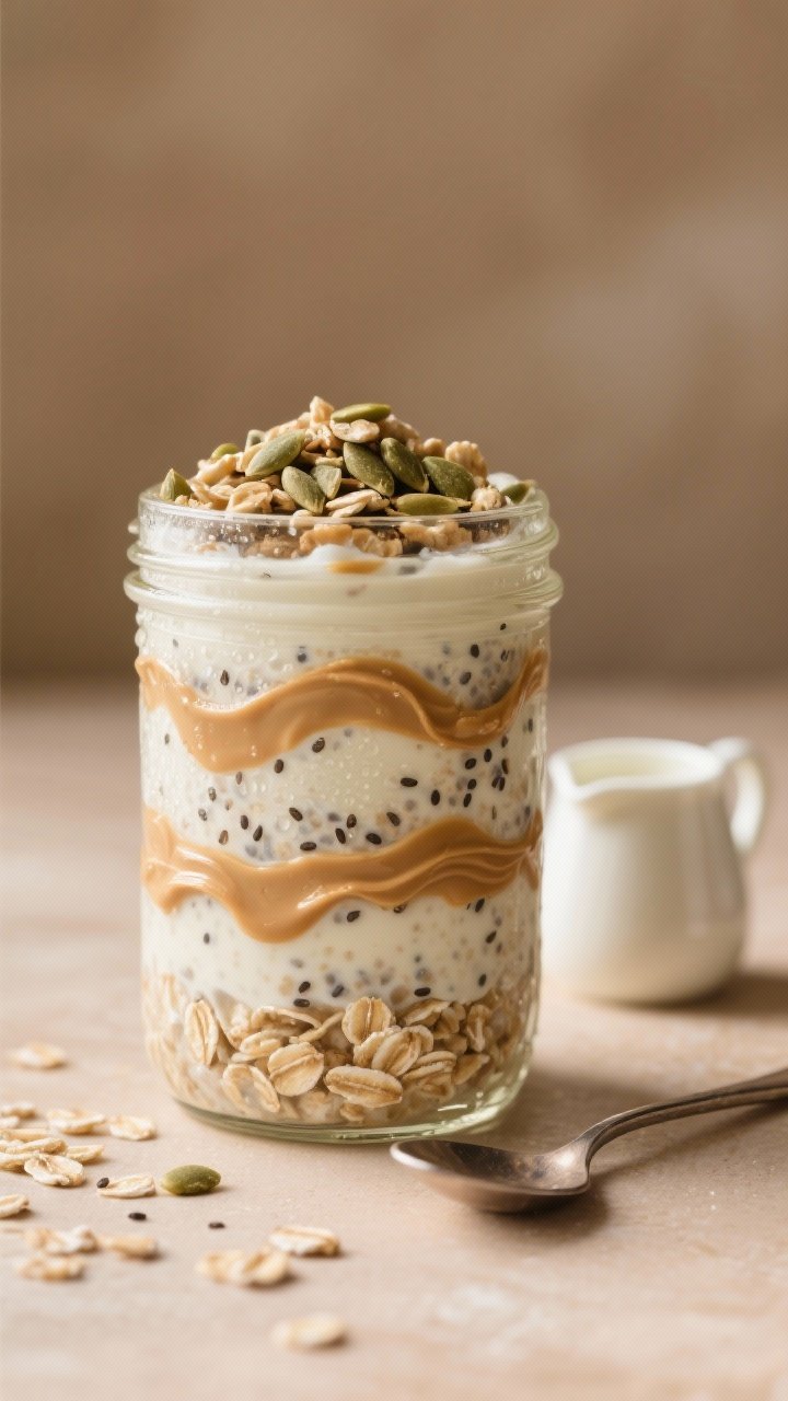 Straight-on close-up of creamy peanut butter overnight oats layered in a clear glass jar: rolled oats soaked in unsweetened soy milk and vegan Greek-style yogurt, swirled natural peanut butter ribbons, chia seeds speckled throughout, and a generous crown of crunchy hemp hearts; additional soy milk in a tiny pitcher to loosen, a spoon poised beside, warm neutral backdrop with subtle condensation on the glass for freshness, high-detail texture of oats and seeds.