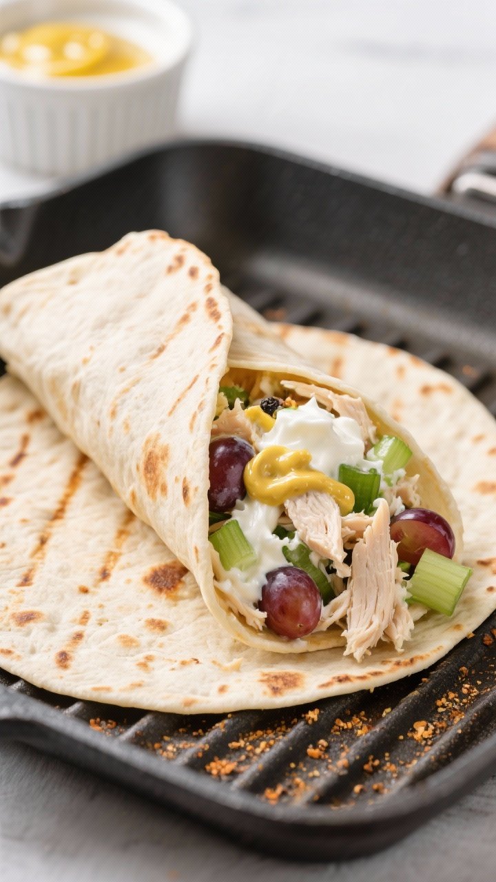 Straight-on close-up of Greek yogurt chicken salad crunch wraps being folded: shredded cooked chicken tossed with 2% Greek yogurt, Dijon mustard, lemon juice, a touch of honey, garlic powder, kosher salt, black pepper; add-ins like diced celery and sliced grapes for crunch and freshness; the tortilla browned to a golden crisp on a griddle with grill marks; one wrap cut to reveal the creamy, crunchy filling; clean, bright background with a ramekin of extra yogurt dressing.