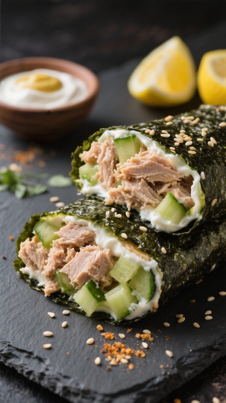 Straight-on close-up of Greek Yogurt Tuna Crunch Wraps without tortillas: nori sheets wrapped around a tuna salad made with drained tuna, plain Greek yogurt, a touch of mayonnaise, Dijon mustard, lemon juice, garlic powder, onion powder, salt and pepper. Visible crunchy additions like diced celery and cucumber inside for texture, edges neatly sliced to show the layers. Sesame seeds sprinkled on the board, lemon wedges and a small bowl of extra yogurt-mustard sauce nearby. Crisp, modern look on dark slate with soft side lighting.