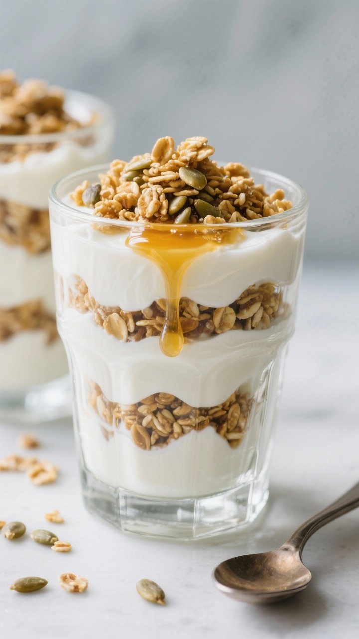 Straight-on close-up of layered Greek yogurt protein parfaits in clear glass tumblers: 2% Greek yogurt swirled with a touch of honey and vanilla, topped with a chunky, golden seed granola and extra seeds scattered on the surface; honey drips down the glass, spoon resting beside, soft diffused light, cool-toned background to highlight creamy whites and warm amber hues.