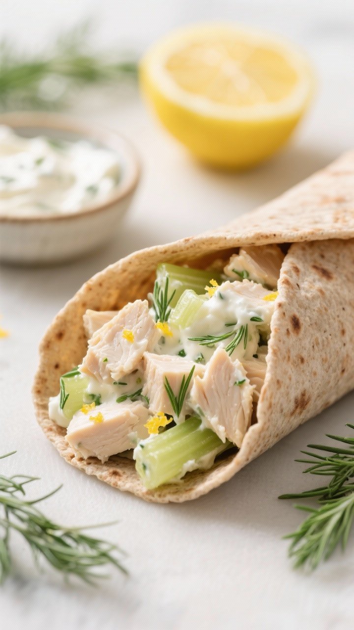 Straight-on close-up of lemon-dill Greek yogurt chicken salad wraps: whole-grain tortillas stuffed with juicy diced chicken breast bound in creamy Greek yogurt, olive oil mayo sheen, flecks of fresh dill, lemon zest, and crisp celery; cut on the bias to reveal texture, with extra filling in a small bowl, lemon halves and dill sprigs nearby; bright, fresh daylight tone.