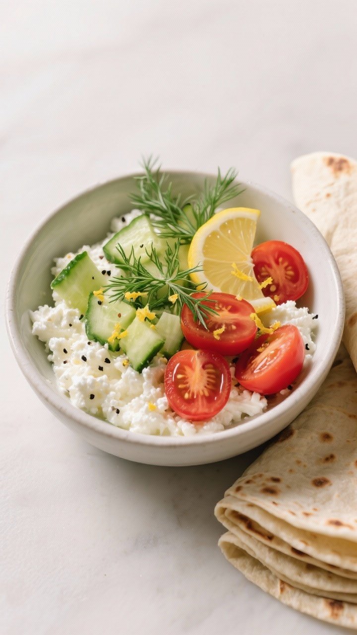 Straight-on close-up of savory cottage cheese bowl wrap-ups: a shallow bowl with creamy 2–4% cottage cheese topped with chopped cucumbers, halved cherry tomatoes, fresh dill, lemon zest, and a squeeze of lemon juice, sprinkled with black pepper; a stack of soft tortillas on the side ready to wrap; crisp, refreshing vibe with bright greens and reds, minimal props.