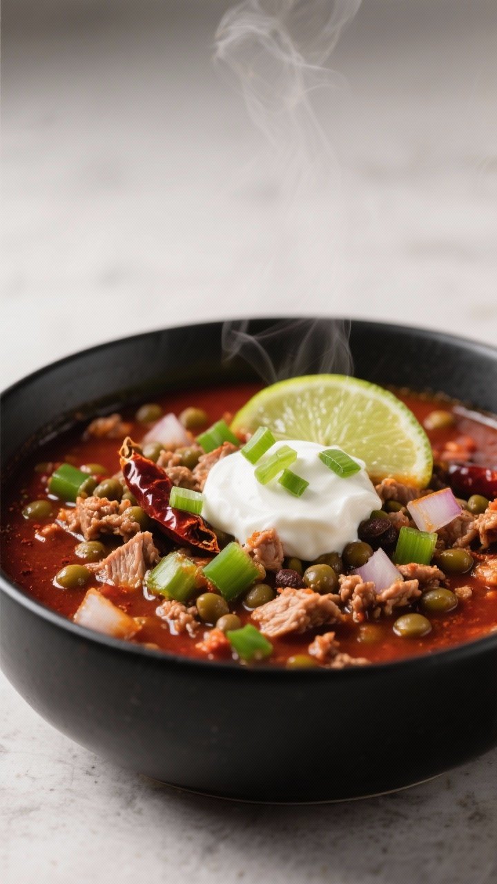 Straight-on close-up of smoky chipotle lentil and turkey chili in a matte black bowl: hearty ground turkey with tender lentils, diced onion and green bell pepper, deep red broth infused with chili powder, cumin, smoked paprika, and visible chopped chipotle in adobo; topped with a dollop of Greek yogurt, sliced scallions, and a lime wedge; thick, stew-like texture, cozy winter mood, subtle steam.