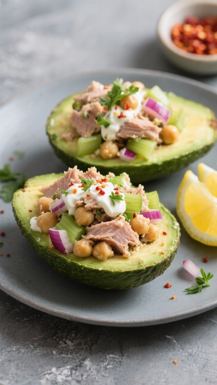 Straight-on close-up of Spicy Tuna and Chickpea Salad Stuffed Avocados: halved ripe avocados piled high with a chunky mix of tuna and chickpeas bound with Greek yogurt and a touch of mayo, seasoned with lemon juice, Dijon, and chili flakes; garnished with chopped celery and red onion for crunch, sprinkled with parsley; plate set on a cool slate surface with lemon wedges and a small bowl of extra chili flakes; clean, fresh, high-protein vibe.
