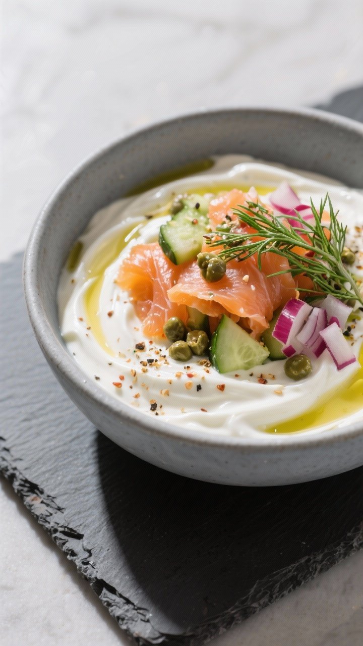 Straight-on composition of a savory Greek yogurt bowl with lox: thick swirls of 2–5% Greek yogurt topped with silky ribbons of smoked salmon, finely diced cucumber, minced red onion, briny capers, chopped fresh dill, and an “everything” seasoning sprinkle; a drizzle of olive oil catching the light; served in a cool gray ceramic bowl on a slate board for a clean, modern look.