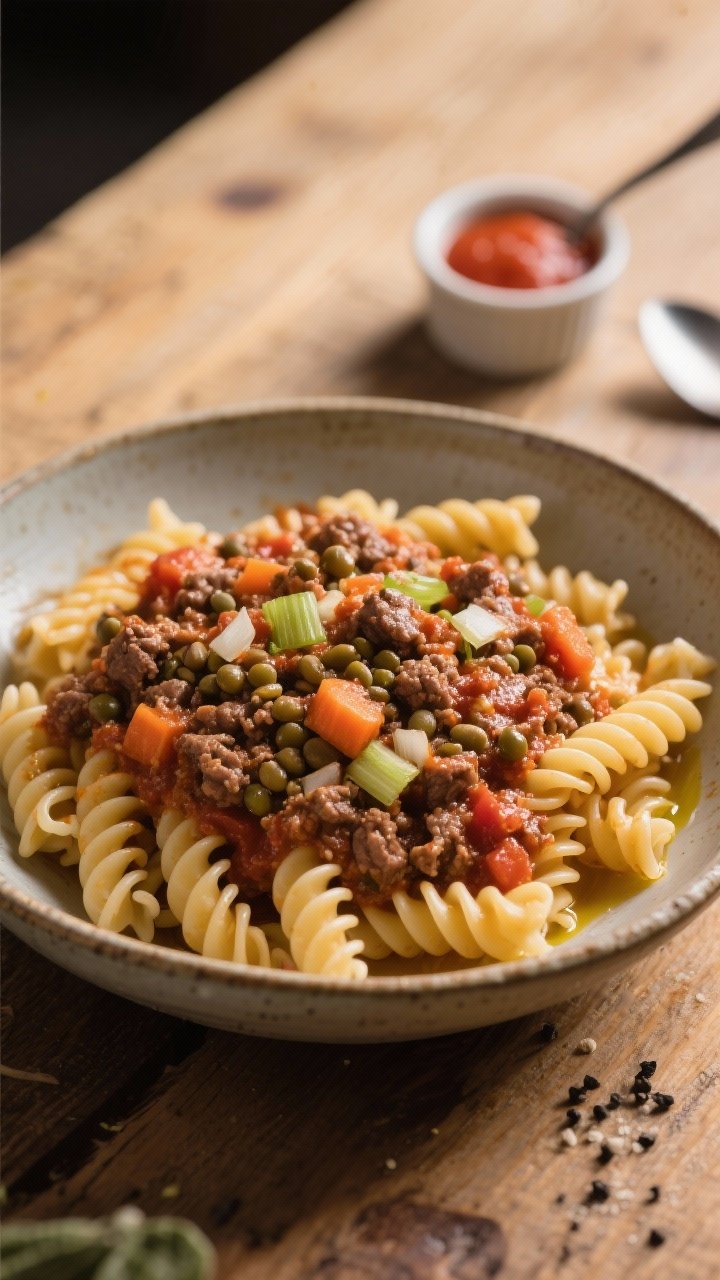 Straight-on, cozy bowl of beef and lentil bolognese over high-protein pasta: sauce thick with lean ground beef, earthy lentils, finely chopped onion, carrot, and celery, garlic aromatics and tomato paste depth; ladled over ridged pasta, sauce clinging to spirals; finished with a drizzle of olive oil and a dusting of black pepper; rustic bowl on a wooden table with a small ramekin of extra tomato paste and a spoon; warm, inviting light emphasizing hearty texture.
