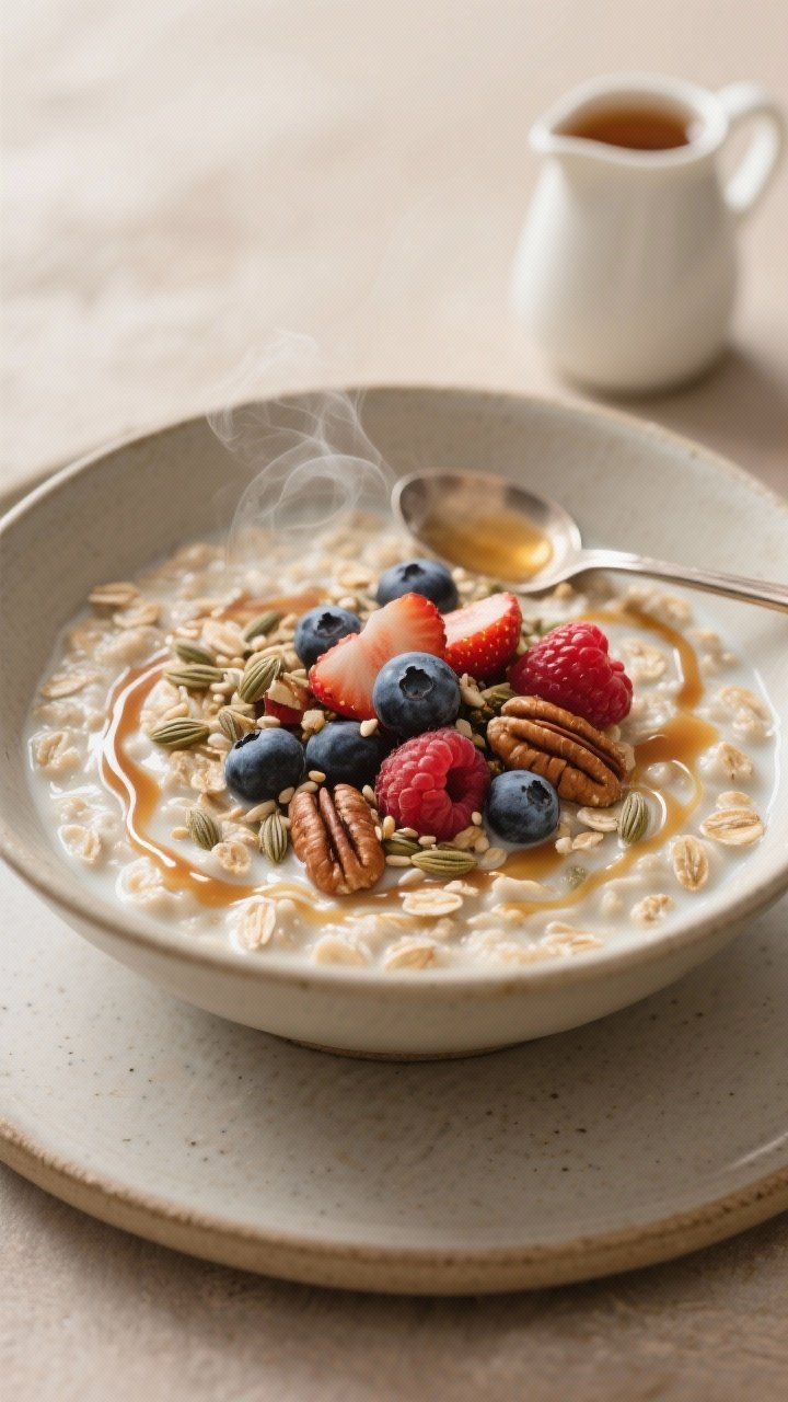 Straight-on, cozy final bowl of maple-berry protein oats: creamy rolled oats cooked in milk, visibly thick with vanilla protein swirls, topped with mixed berries (blueberries, raspberries, strawberries), a maple drizzle glistening, crunchy hemp seeds and chopped pecans sprinkled over; placed on a neutral ceramic plate with a small pitcher of maple syrup and a spoon, gentle steam rising, warm morning tones.