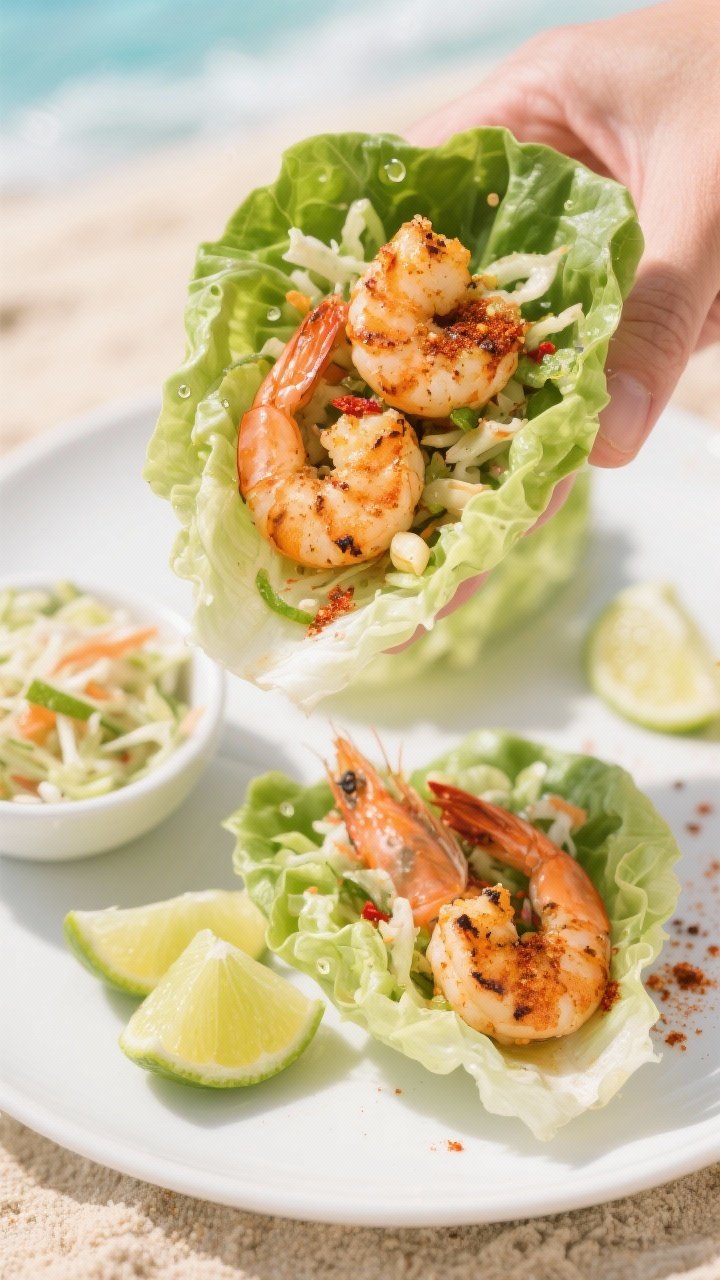 Straight-on handheld-style presentation of chili-lime shrimp lettuce cups: large shrimp tossed with chili powder, smoked paprika, garlic powder, cumin, kosher salt, and fresh lime juice, piled into crisp butter lettuce leaves over crunchy slaw; tiny droplets of lime visible, a few char marks on shrimp; served on a white platter with extra lime wedges and a small bowl of slaw; bright, zesty, beachy mood.