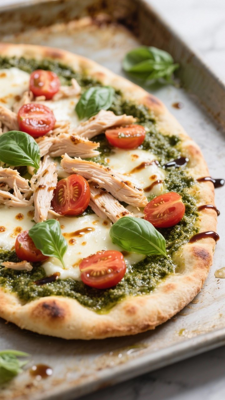 Straight-on hero shot of a 10-Minute Chicken Caprese Pesto Flatbread on a baking sheet: warm naan slathered with glossy basil pesto, piled with shredded rotisserie chicken, melted mozzarella with browned bubbles, and halved cherry tomatoes; a light balsamic drizzle glistening on top; a few fresh basil leaves scattered; edges slightly charred; shallow depth of field to emphasize melty cheese and juicy tomatoes.