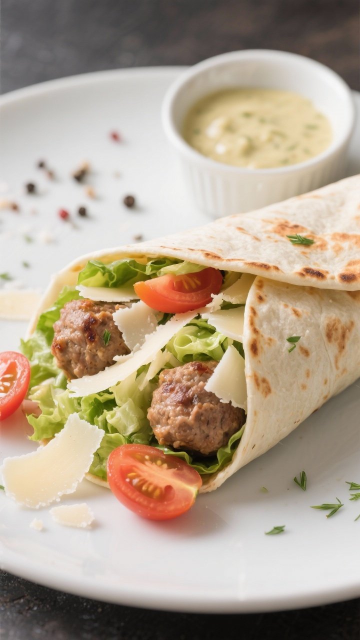 Straight-on hero shot of a Garlic Herb Turkey Meatball Caesar Wrap, sliced and slightly fanned: visible juicy turkey meatballs tucked with crisp chopped romaine, shaved Parmesan or pecorino ribbons, and halved cherry tomatoes; wrap edges lightly toasted; a small dish of Caesar dressing in the background, cracked pepper sprinkled on the plate; cool, crisp Caesar salad tones with appetizing shine on the cheese.