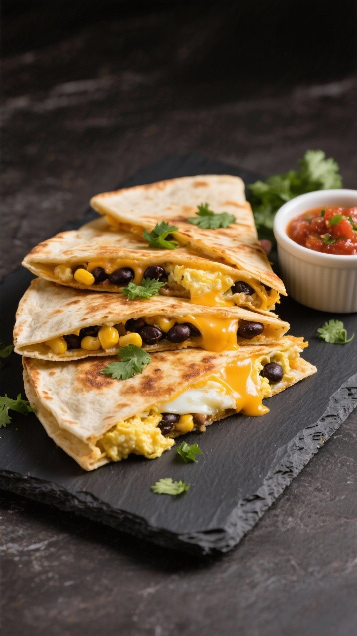 Straight-on hero shot of a loaded breakfast quesadilla cut into wedges: crispy golden tortilla stuffed with scrambled eggs and egg whites, black beans, optional corn kernels, and gooey melted Mexican blend/cheddar; cheese pull between slices, flecks of fresh cilantro, a small ramekin of salsa on the side; placed on a dark slate board to contrast the warm tones; sharp, appetizing detail.