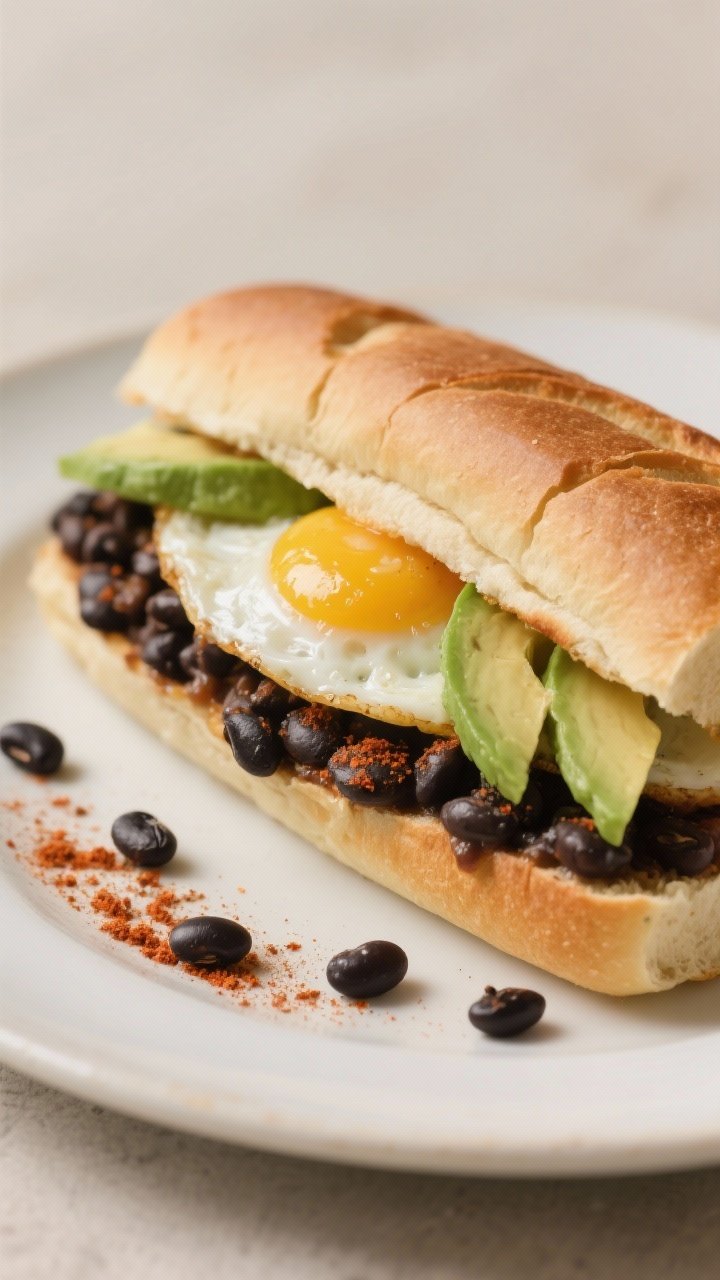 Straight-on hero shot of a smoky black bean, egg, and avocado breakfast torta, sliced to show layers inside a lightly toasted bolillo roll: smoky black beans seasoned with paprika and cumin, a tender fried egg with set whites and jammy yolk, fanned ripe avocado slices. A few black beans scatter on the plate, paprika dusting on the rim. Neutral backdrop to highlight earthy tones; soft side lighting accentuates the crust and creamy avocado.