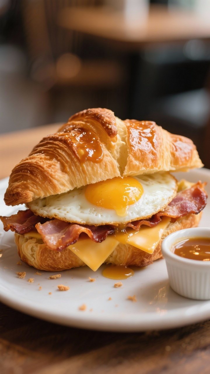 Straight-on, indulgent croissantwich portrait: a large croissant split and filled with crispy turkey bacon, a soft folded egg, Swiss cheese melting at the edges, and a glossy maple-Dijon smear that glistens on the inner croissant. Butter-brushed exterior catches highlights; a tiny ramekin with the maple-mustard sauce sits beside. Warm, cozy café vibe, with gentle backlight to showcase layers and flaky crumbs on the surface.