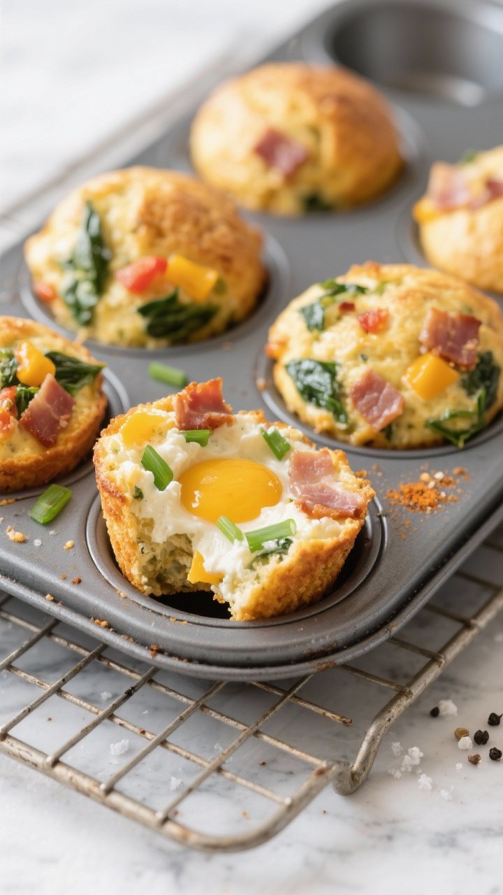 Straight-on muffin tin ingredient-to-finish scene: high-protein veggie egg muffins just out of the oven, domed and golden, showing flecks of turkey bacon, spinach, diced bell peppers, and scallions; batter base of eggs, low-fat cottage cheese, reduced-fat cheddar, seasoned with kosher salt, black pepper, garlic and onion powder; one muffin cut open to reveal curd-like creamy interior; cooling rack on light marble.